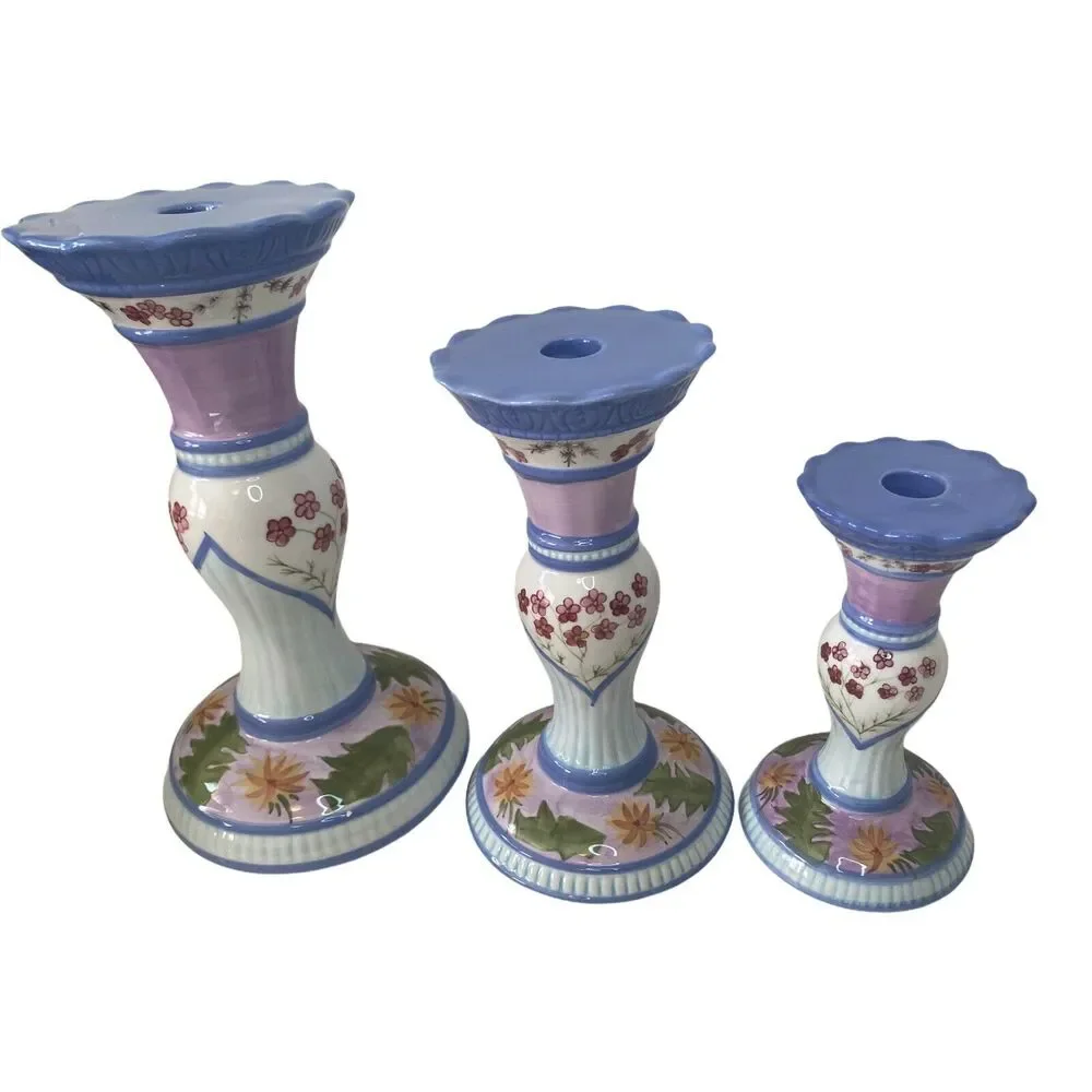 Capriware 3-Piece Pillar Candleholder Set Blue Purple Floral Hand Painted VTG